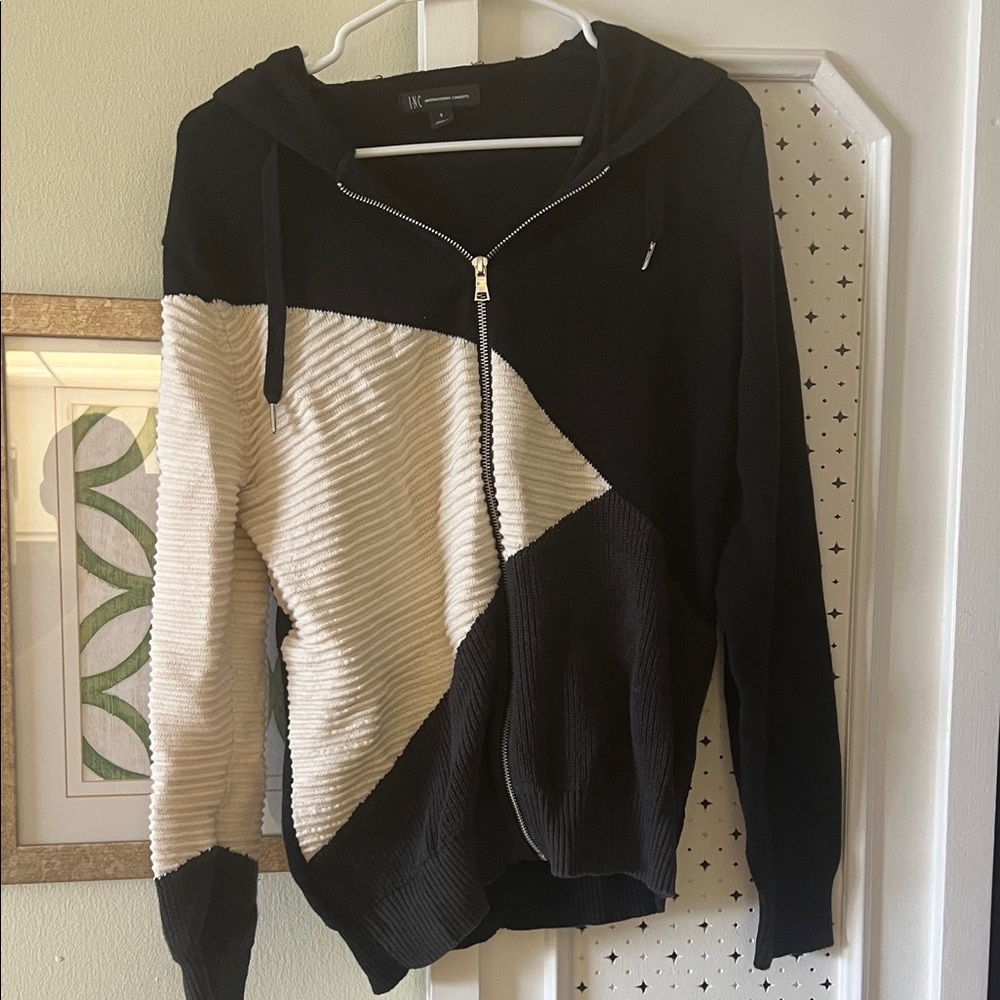 INC International Concepts Black and Cream Zip-Up Hoodie